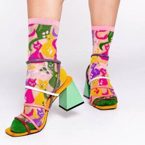 Sock Candy Dopamine Cats Sheer Crew Sock, OS, NWT